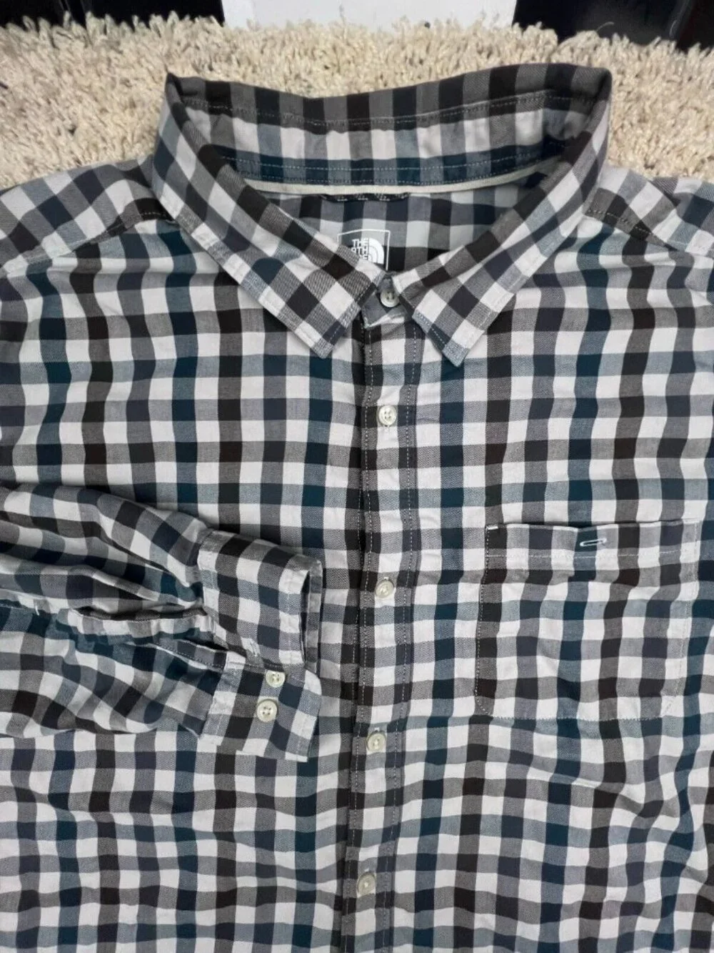 The North Face Button Up Shirt Men 2XL Gray Check Cotton Long Sleeve Lightweight